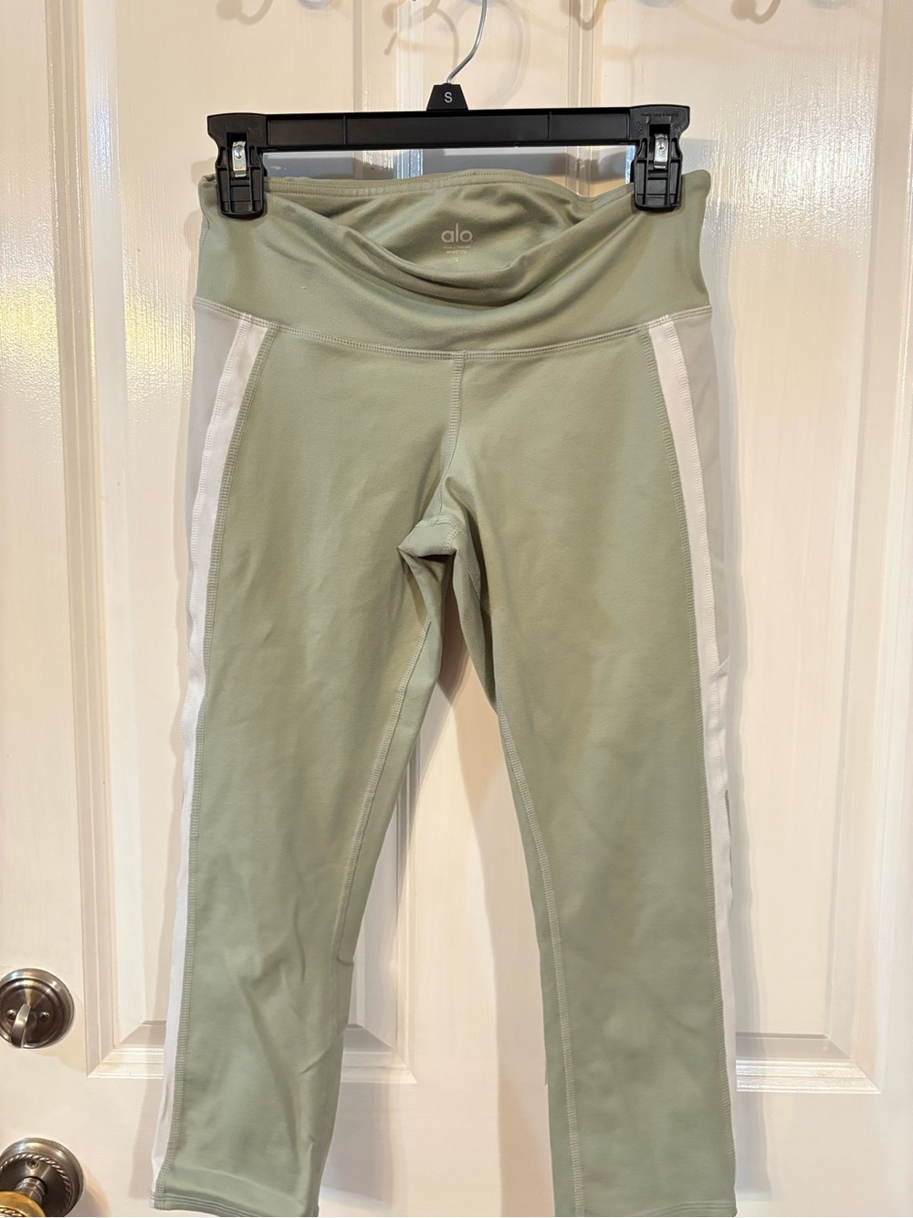 ALO Yoga Sage Green Leggings with White Side Panels